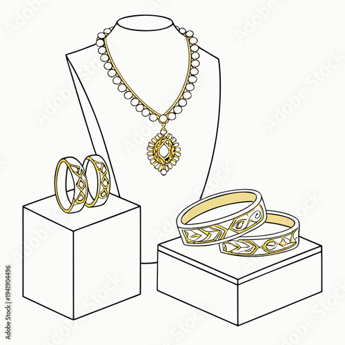 Gold jewelry set with necklace and bracelets on display