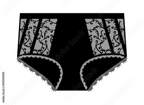 Black silhouette of women panties with lace panels and decorative lace trim. Vector illustration of female lingerie isolated on white background.