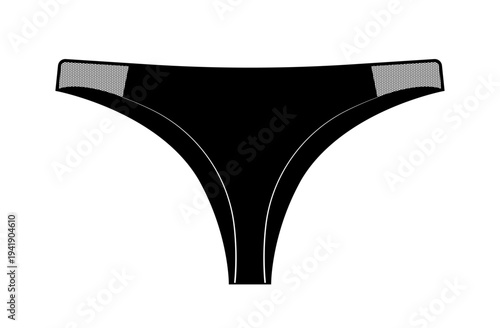 Black silhouette of women thong panties with mesh side panels. Vector illustration of female lingerie isolated on white background.