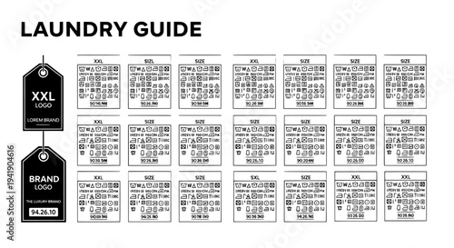 Laundry care guide icon set with washing symbols and clothing tags
