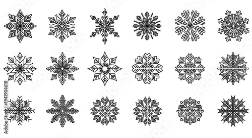 Snowflake icon set with various winter ice crystal designs
