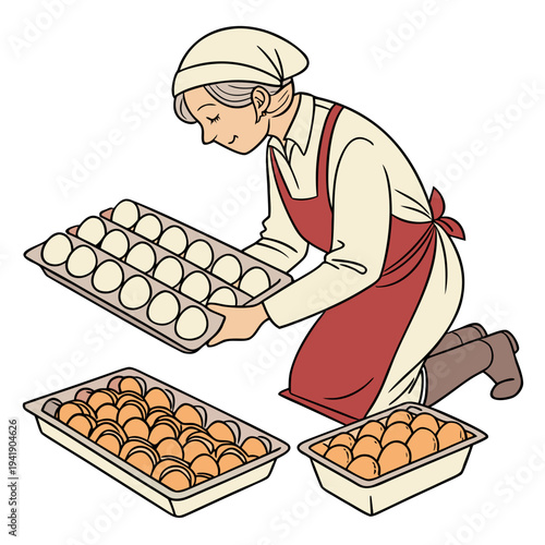 Elderly woman holding tray of white eggs with brown eggs on other trays