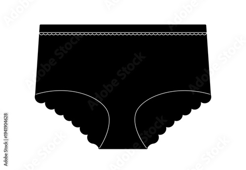 Black silhouette of women panties with scalloped edges. Vector illustration of female underwear isolated on white background.