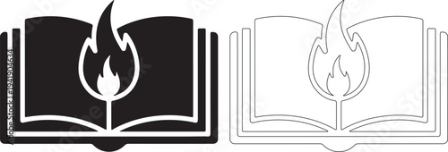 Black and white icons of an open book with a flame on the cover