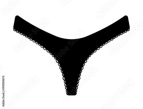 Black silhouette of women thong panties with scalloped edges. Vector illustration of female lingerie isolated on white background.