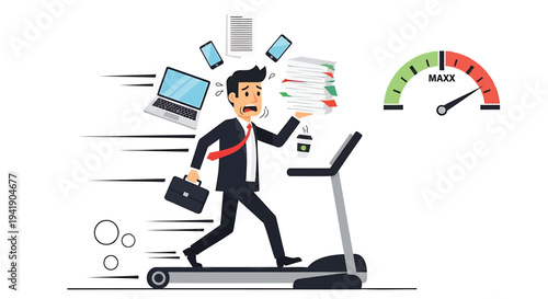 Vector illustration of businessman running on treadmill with technology items