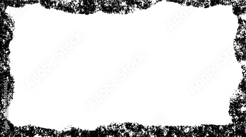 Distressed grunge border vector. Scratchy eroded edges and rough textures with cracks. Black brush strokes for punk posters, vintage frames and urban style layouts. Isolated design element for photos.