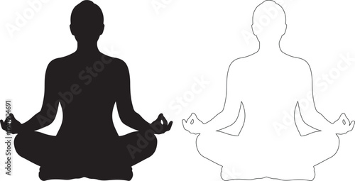 Black silhouette and dotted line illustration of a person meditating in lotus position