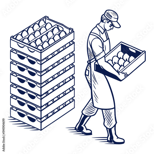 Man carrying egg crate standing next to stacked egg crates