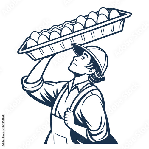 Woman holding egg tray on head overalls