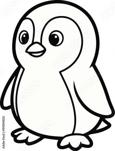 A black and white outline drawing of a cute, plump penguin with large eyes and a friendly smile