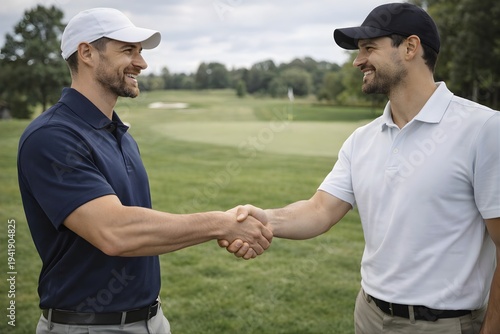 Business executives handshake on luxury golf course during corporate networking meeting, leisure business partnership agreement, professional relationship building and executive deal concept