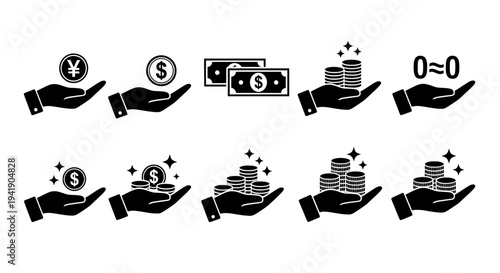 Money icon set with hand holding coins and banknotes
