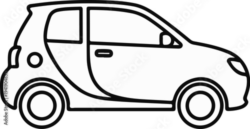 A black and white outline of a compact, two-door urban automobile, viewed from the side