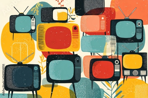 Vintage televisions pattern, abstract mid-century modern art style, colorful background