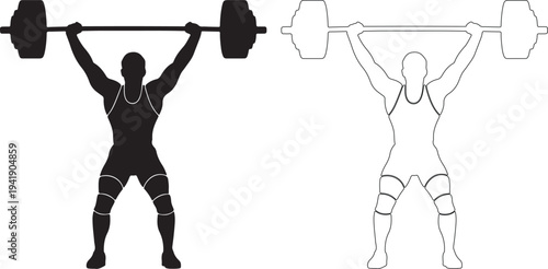 Weightlifter in black and white silhouette lifting barbell overhead in two styles