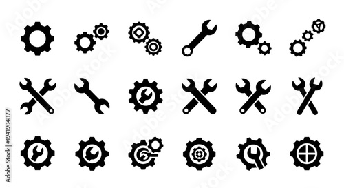 Gear icon set with wrench and mechanical repair tools
