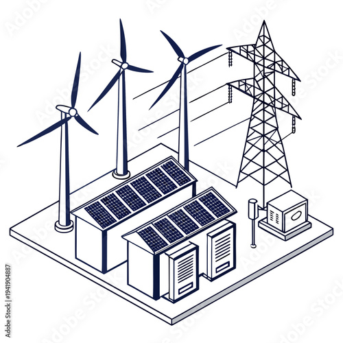 Isometric view of eco energy system with solar panels and wind turbines