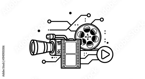 Video camera icon with film reel and digital circuit lines

