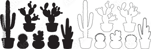 Collection of various cactus silhouettes and line art in pots