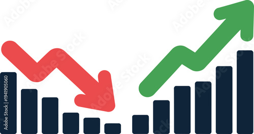 Graph showing a downward trend followed by an upward trend with arrows