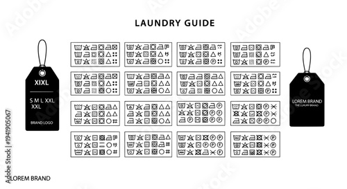 Laundry care guide icon set with washing symbols and clothing tags
