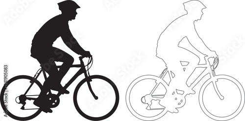 Silhouette of a man riding a bicycle in black and white outline