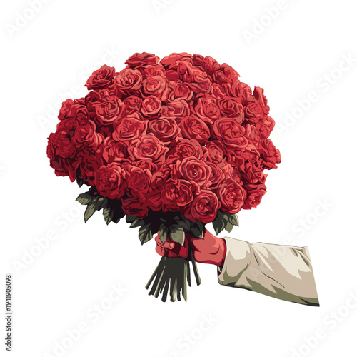 Hand holding bouquet of red roses on white background, artistic floral concept. Concept of gift, romance, celebration flower delivery