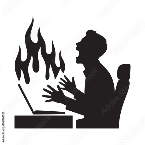 Man screaming in frustration as his laptop computer catches fire