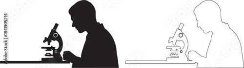 Silhouette of a man looking through a microscope with a dotted outline