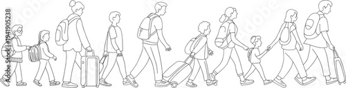 A diverse group of people walking with various including backpacks and luggage in a line formation