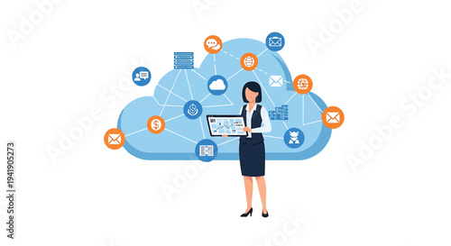 Vector illustration of businesswoman with cloud computing icons