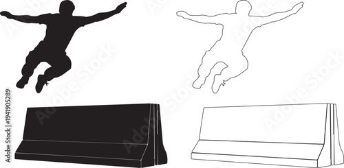 Black and white illustration of skateboarder jumping over ramp