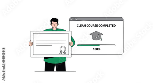 Vector illustration of man holding certificate, completed online course