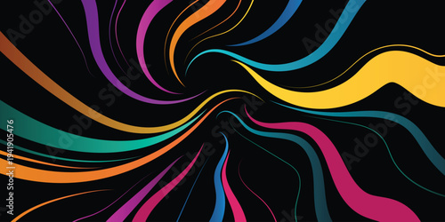 Vibrant colorful swirling lines on black background, abstract energetic movement, modern graphic design
