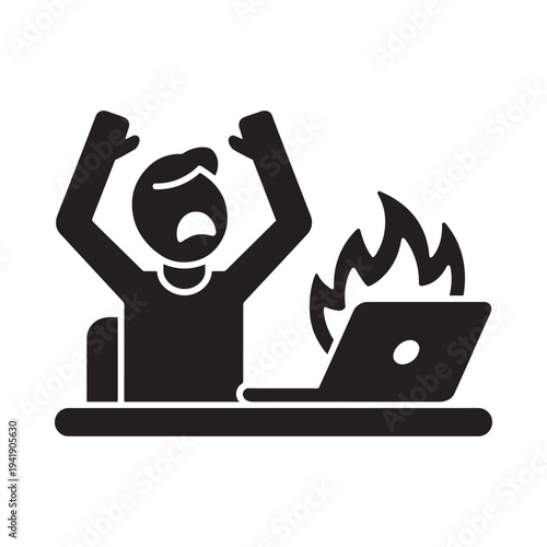Man screaming in frustration as laptop catches fire on desk