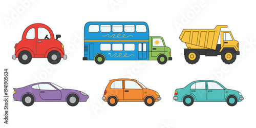 Colorful cartoon vehicles: cars, truck, bus, illustration for kids, playful transport set