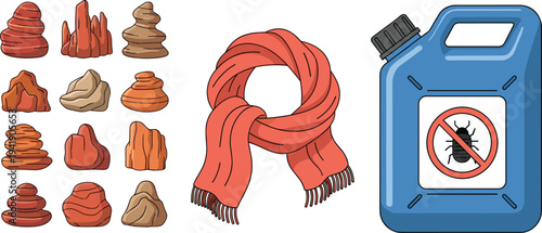Desert Red Rock Formations Collection with Winter Scarf and Insect Repellent Container Vector Illustration Set on Light Background
