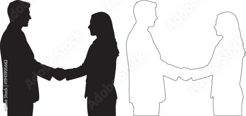 Black and white outline silhouettes of business people shaking hands