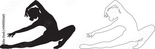 Black and white silhouette of a woman in a yoga pose with dotted outline