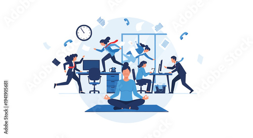 Vector illustration of busy office workers in blue tones