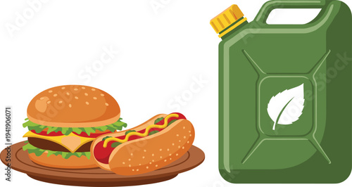 Fast Food Burger and Hot Dog with Eco Friendly Green Fuel Canister Vector Illustration Set Isolated on Background
