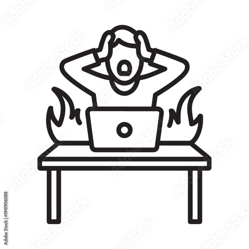 Overwhelmed person at a burning desk with a laptop computer