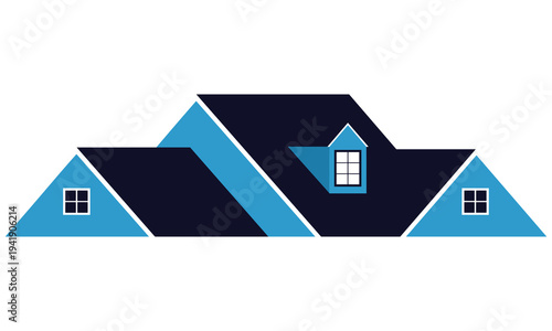 Modern stylized vector graphic illustration of a house with a dark blue roof and light blue accents.