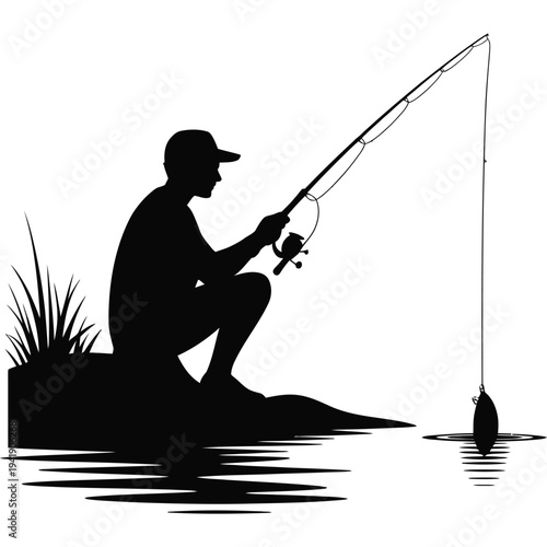 Fisherman silhouette crouching by lake with fishing rod and bait in water