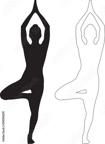 Black and white silhouette of a person in tree pose yoga