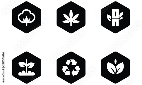 Collection of eco friendly vector icons representing sustainability and recycling in black and white design elements for environmental awareness campaigns