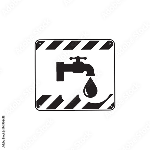Warning sign showing dripping faucet with water leak hazard indication