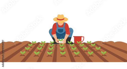 A male farmer in a straw hat and blue overalls is squatting down to plant small green seedlings in a brown soil field with a red bucket nearby.