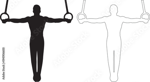 Silhouette of man exercising on gymnastic rings with dotted outline